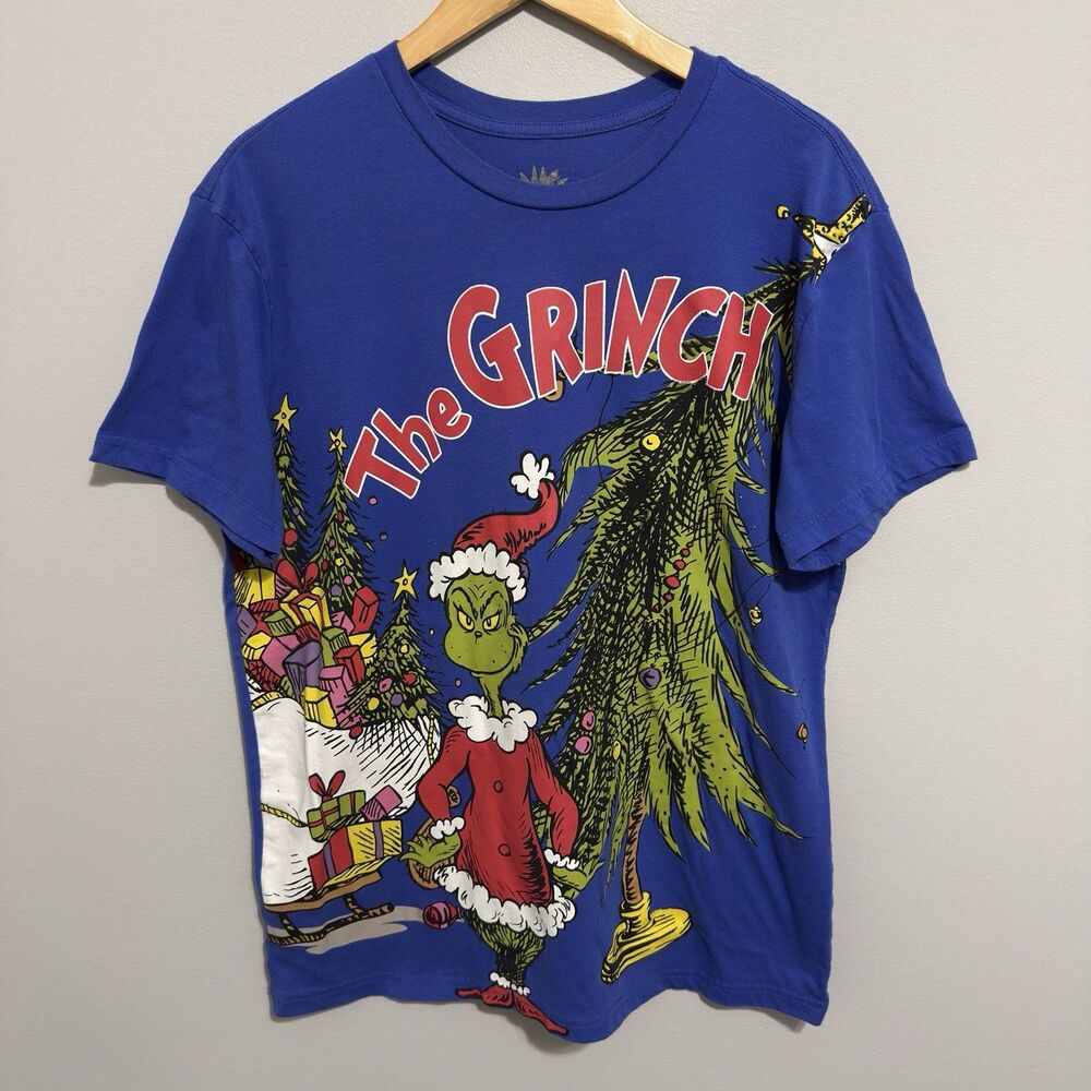 The Grinch All Over Print Men's Size L Dr. Seuss Christmas T-shirt Blue